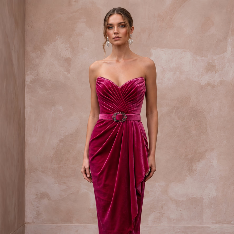 Petite Fuchsia Pink Velvet Ruched Bodice Strapless Party Dress