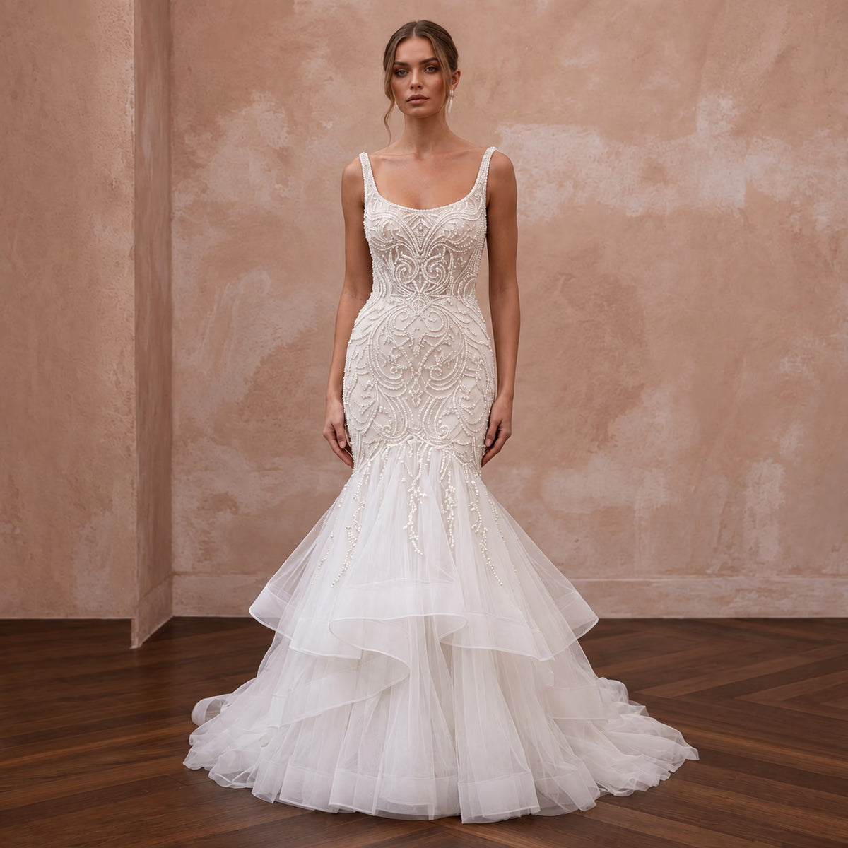 Petite Ivory Beaded Bodice Tulle Trumpet Gown for Evening Ceremony