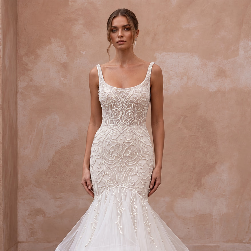 Petite Ivory Beaded Bodice Tulle Trumpet Gown for Evening Ceremony
