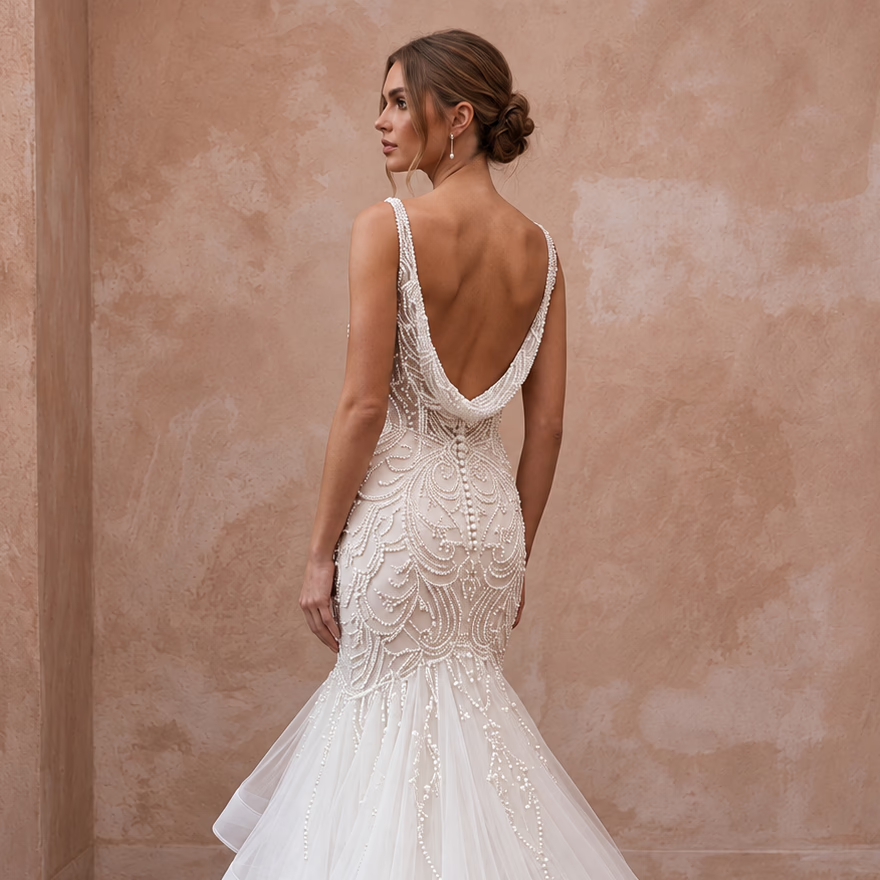Petite Ivory Beaded Bodice Tulle Trumpet Gown for Evening Ceremony