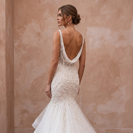 Petite Ivory Beaded Bodice Tulle Trumpet Gown for Evening Ceremony