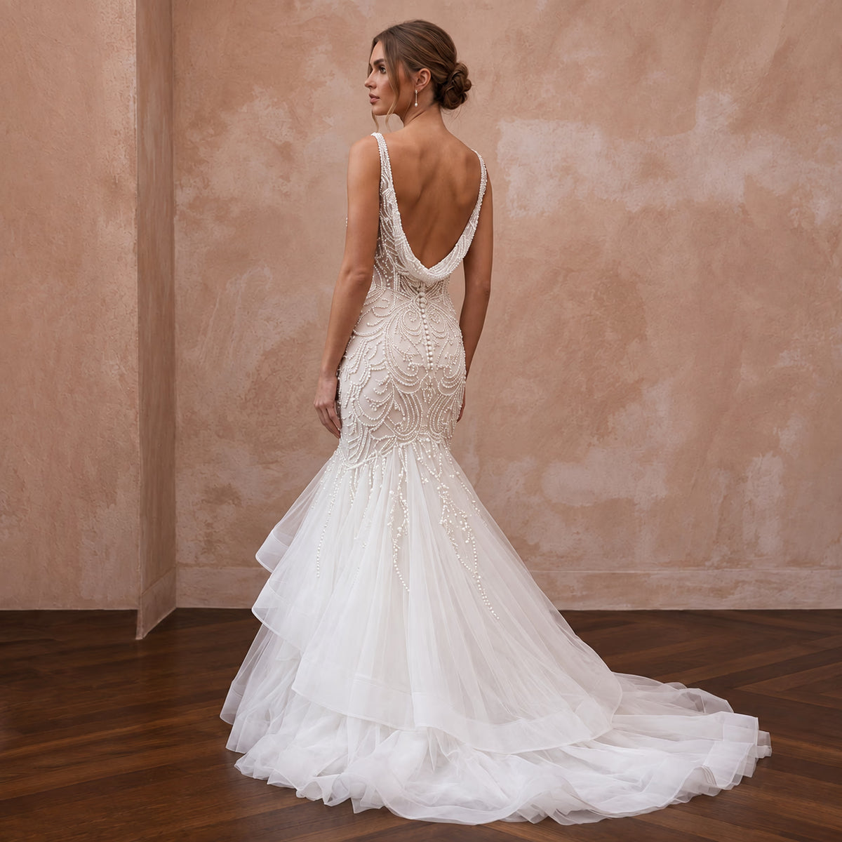 Petite Ivory Beaded Bodice Tulle Trumpet Gown for Evening Ceremony
