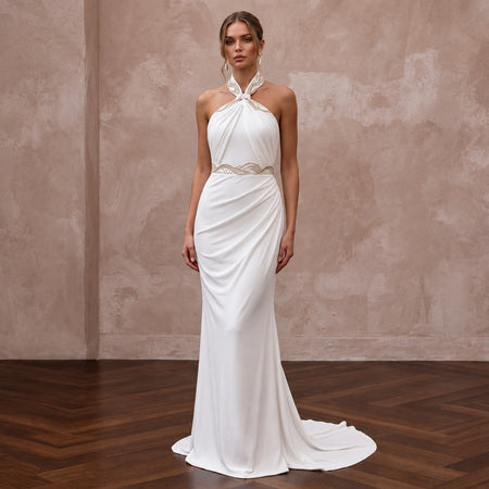 Petite Ivory Matte Jersey Draped Halter Neck Destination Bridal Gown - Apparel & Accessories > Clothing > Wedding & Bridal Party Dresses > Wedding Dresses - Mignonette Bridal