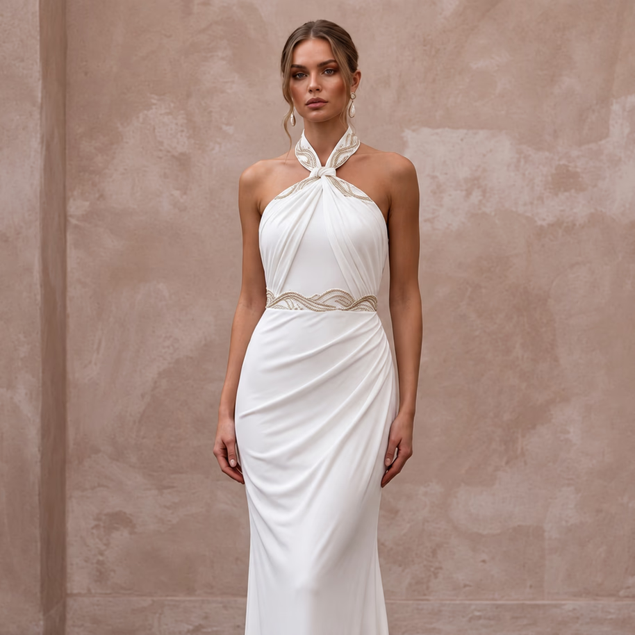 Petite Ivory Matte Jersey Draped Halter Neck Destination Bridal Gown - Apparel & Accessories > Clothing > Wedding & Bridal Party Dresses > Wedding Dresses - Mignonette Bridal