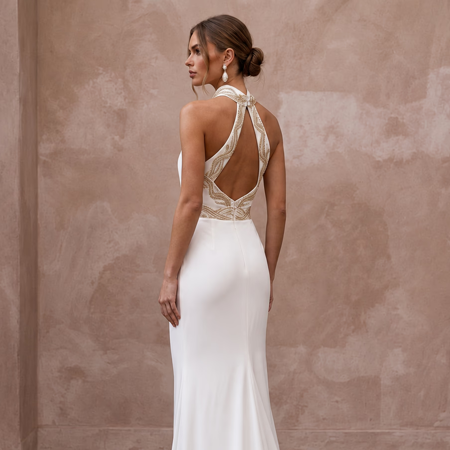 Petite Ivory Matte Jersey Draped Halter Neck Destination Bridal Gown - Apparel & Accessories > Clothing > Wedding & Bridal Party Dresses > Wedding Dresses - Mignonette Bridal