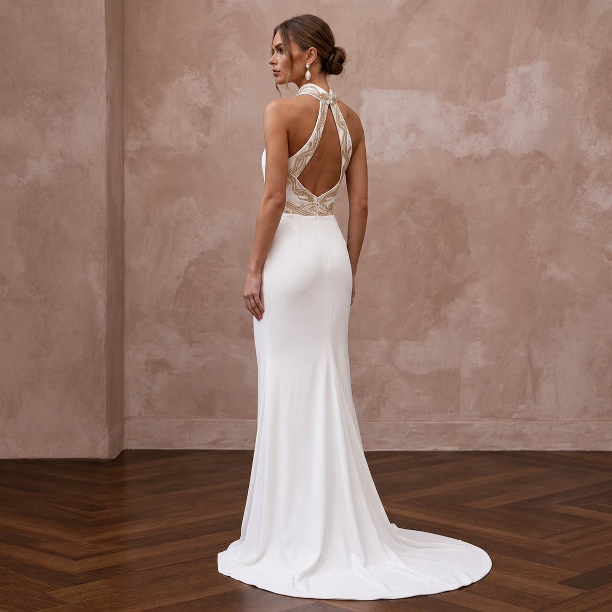 Petite Ivory Matte Jersey Draped Halter Neck Destination Bridal Gown - Apparel & Accessories > Clothing > Wedding & Bridal Party Dresses > Wedding Dresses - Mignonette Bridal