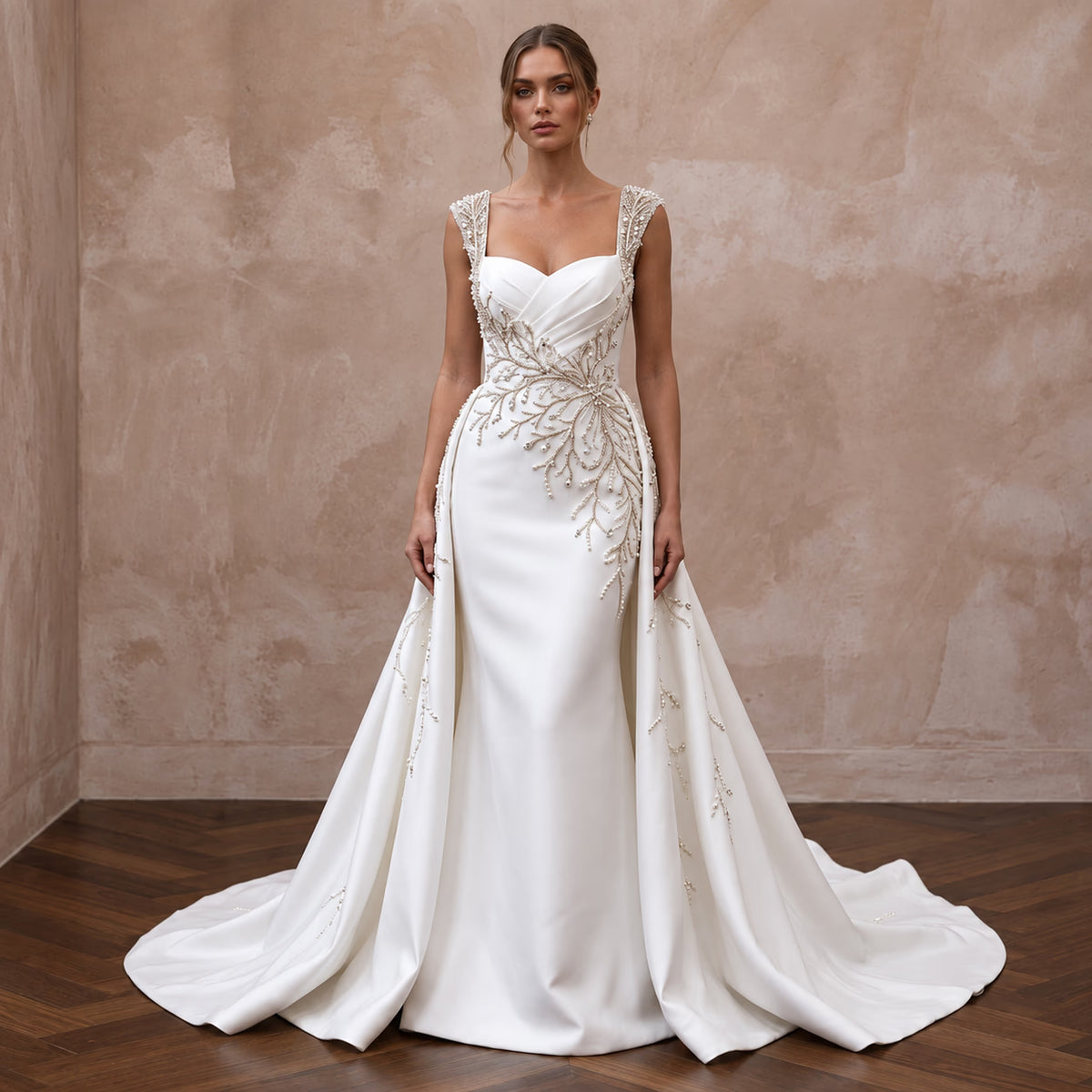 Petite Ivory Mikado Fit - and - Flare Gown with Detachable Train - Apparel & Accessories > Clothing > Wedding & Bridal Party Dresses > Wedding Dresses - Mignonette Bridal Main image