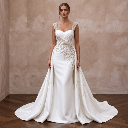Petite Ivory Mikado Fit-and-Flare Gown with Detachable Train