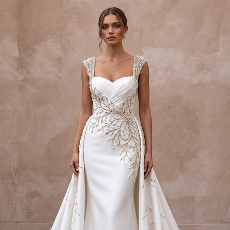 Petite Ivory Mikado Fit-and-Flare Gown with Detachable Train