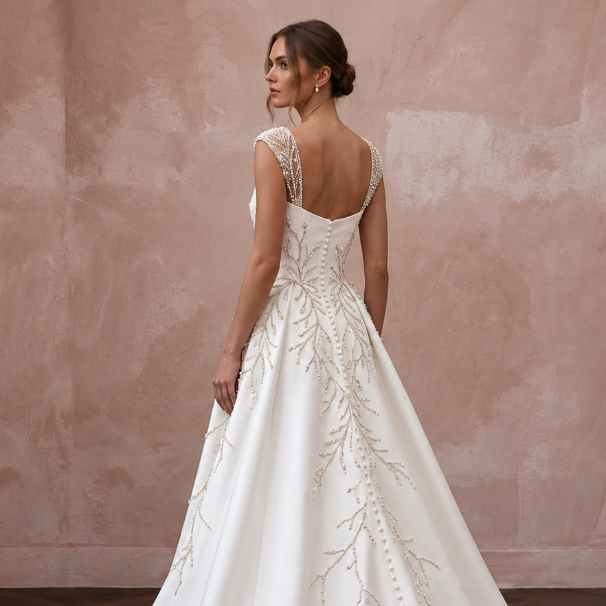 Petite Ivory Mikado Fit-and-Flare Gown with Detachable Train