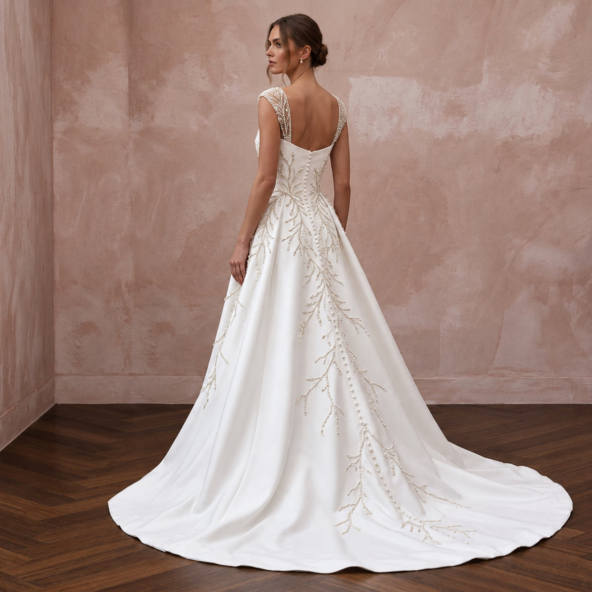 Petite Ivory Mikado Fit-and-Flare Gown with Detachable Train