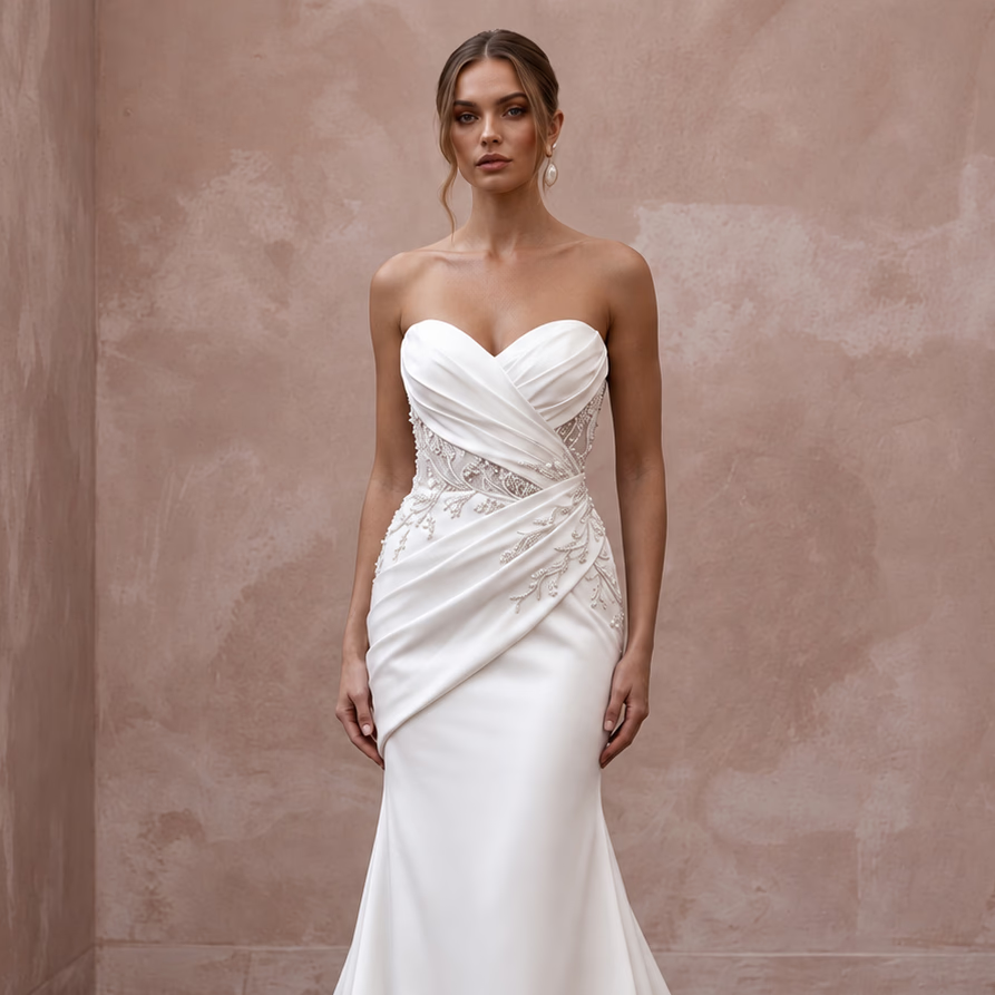 Petite Ivory Satin Ruched Bodice Strapless Fit-and-Flare Dress