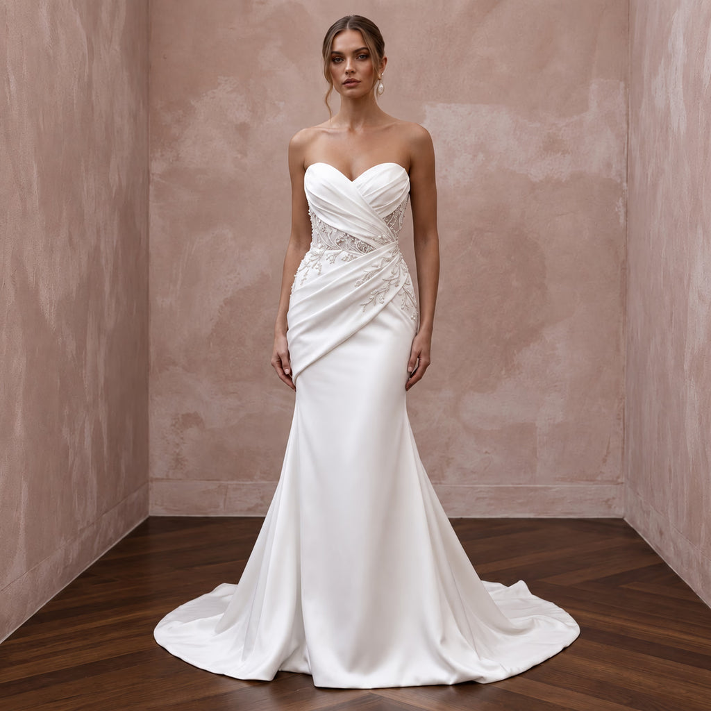 Petite Ivory Satin Ruched Bodice Strapless Fit-and-Flare Dress