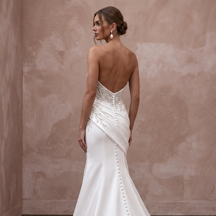 Petite Ivory Satin Ruched Bodice Strapless Fit-and-Flare Dress