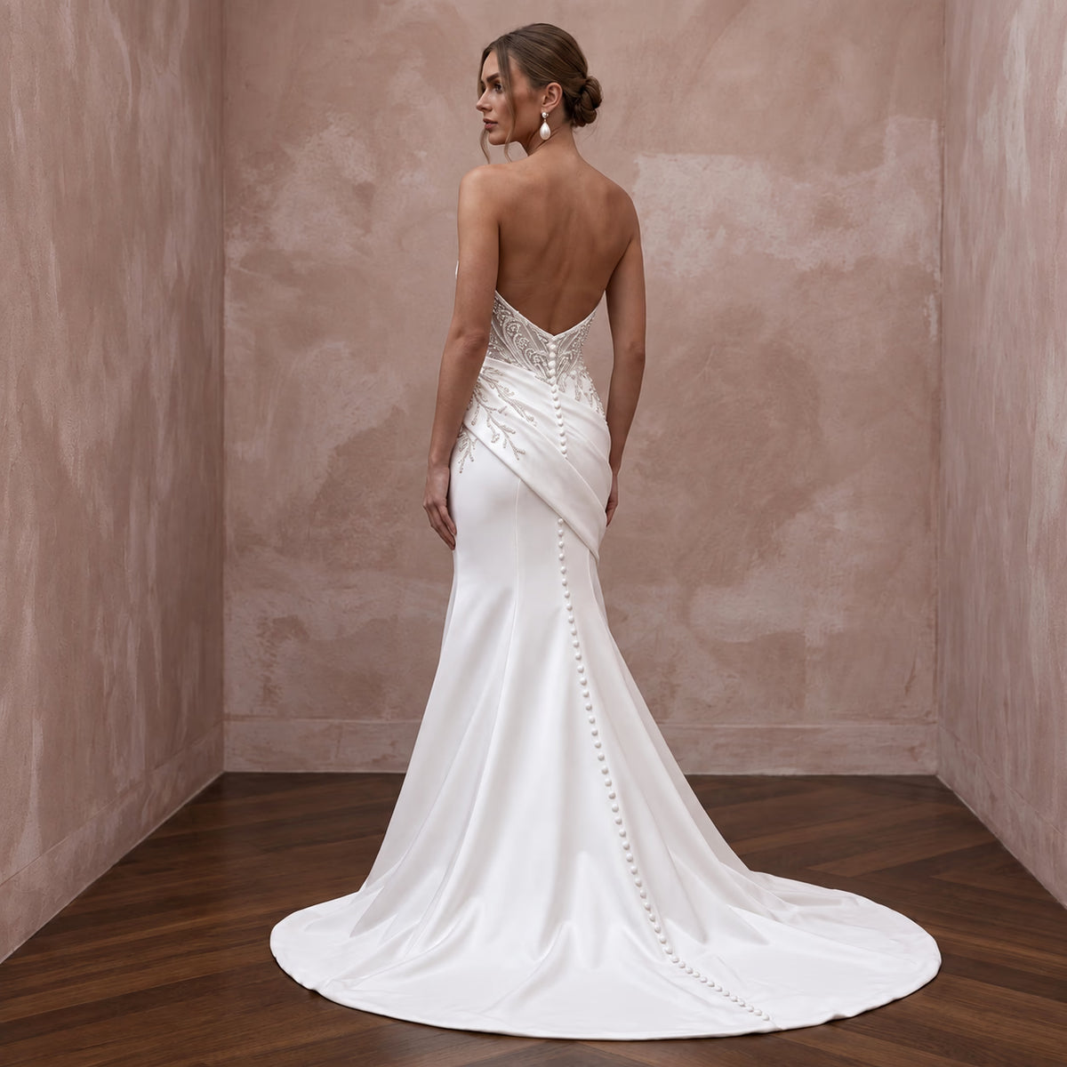 Petite Ivory Satin Ruched Bodice Strapless Fit-and-Flare Dress