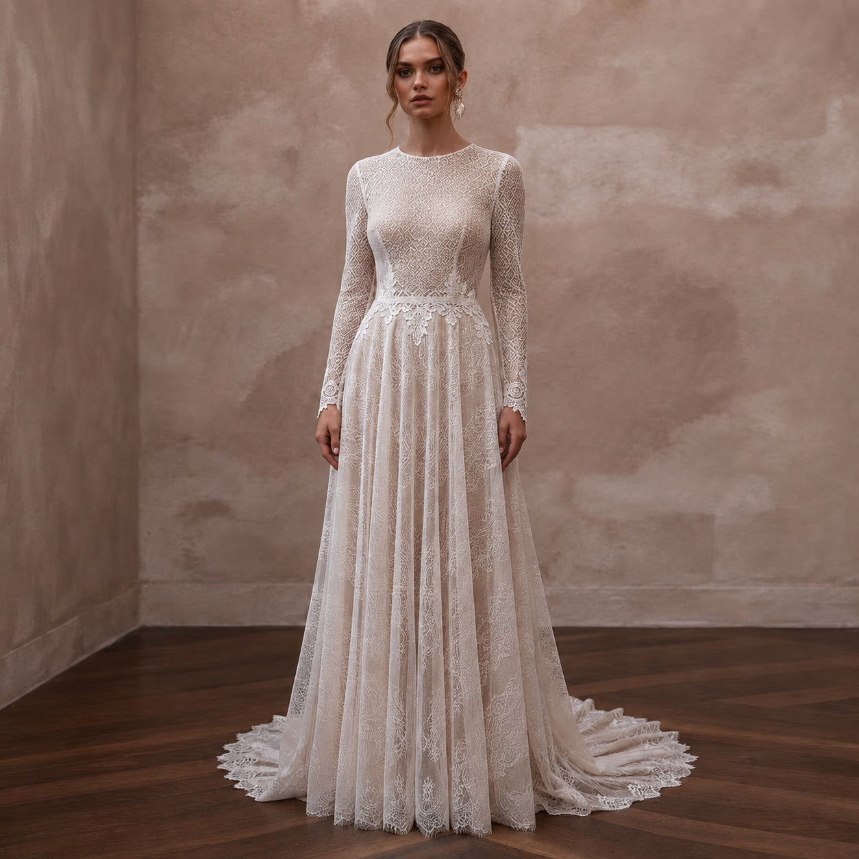 Petite Lace A-Line Wedding Dress with Long Sleeves