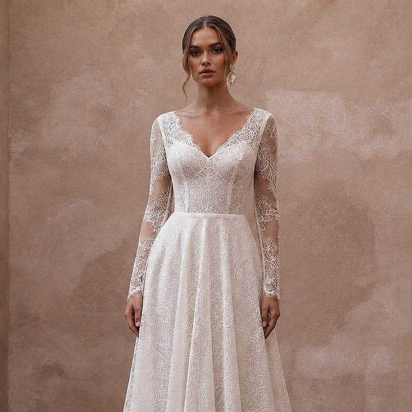 Petite Lace A - Line Wedding Dress with Long Sleeves - Apparel & Accessories > Clothing > Wedding & Bridal Party Dresses > Wedding Dresses - Mignonette Bridal