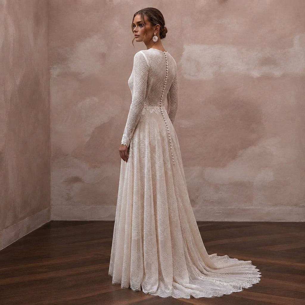 Petite Lace A-Line Wedding Dress with Long Sleeves