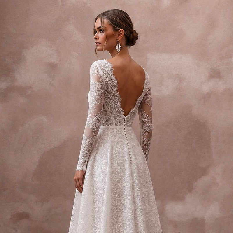 Petite Lace A - Line Wedding Dress with Long Sleeves - Apparel & Accessories > Clothing > Wedding & Bridal Party Dresses > Wedding Dresses - Mignonette Bridal