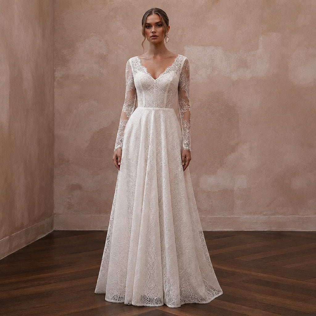 Petite Lace A - Line Wedding Dress with Long Sleeves - Apparel & Accessories > Clothing > Wedding & Bridal Party Dresses > Wedding Dresses - Mignonette Bridal