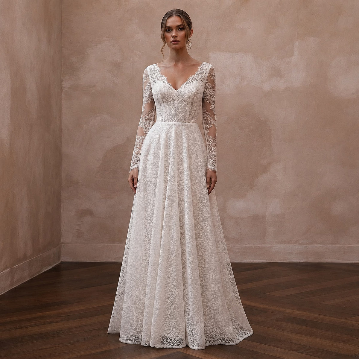 Petite Lace A - Line Wedding Dress with Long Sleeves - Apparel & Accessories > Clothing > Wedding & Bridal Party Dresses > Wedding Dresses - Mignonette Bridal