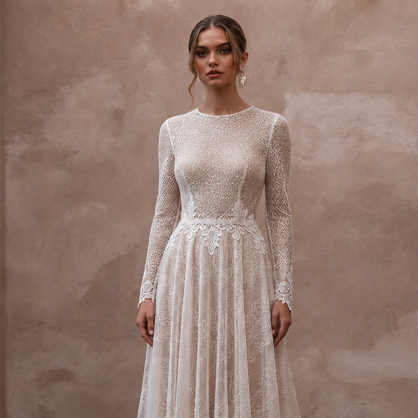 Petite Lace A-Line Wedding Dress with Long Sleeves