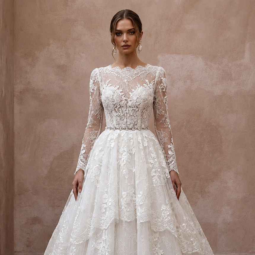 Petite Lace Ball Gown Wedding Dress with Long Sleeves