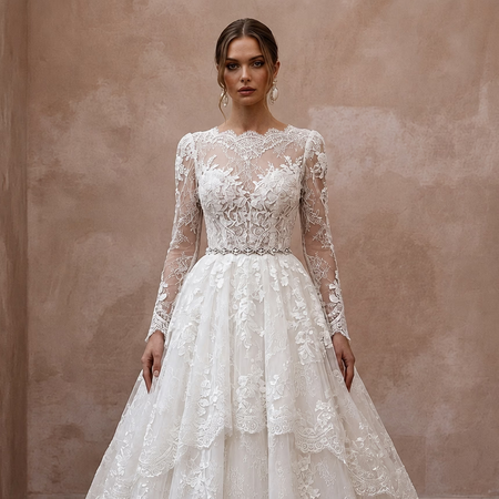 Petite Lace Ball Gown Wedding Dress with Long Sleeves