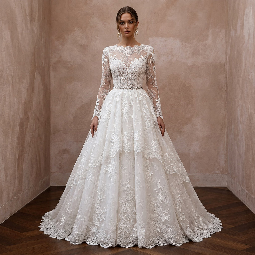 Petite Lace Ball Gown Wedding Dress with Long Sleeves