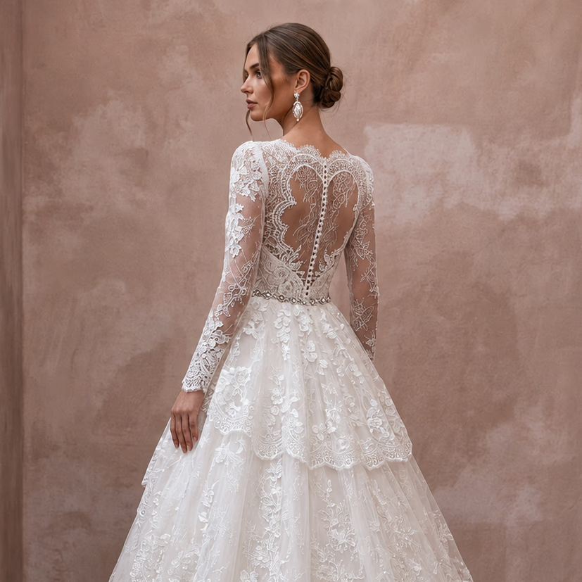 Petite Lace Ball Gown Wedding Dress with Long Sleeves