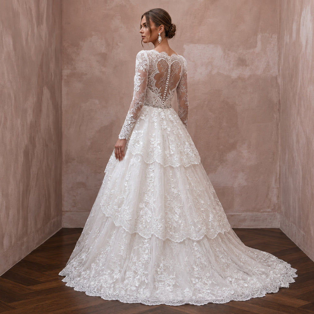 Petite Lace Ball Gown Wedding Dress with Long Sleeves