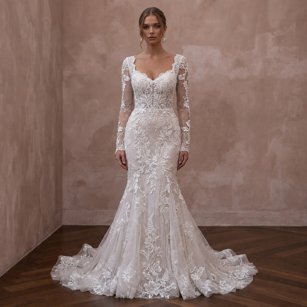 Petite Lace Mermaid Wedding Dress with Long Sleeves