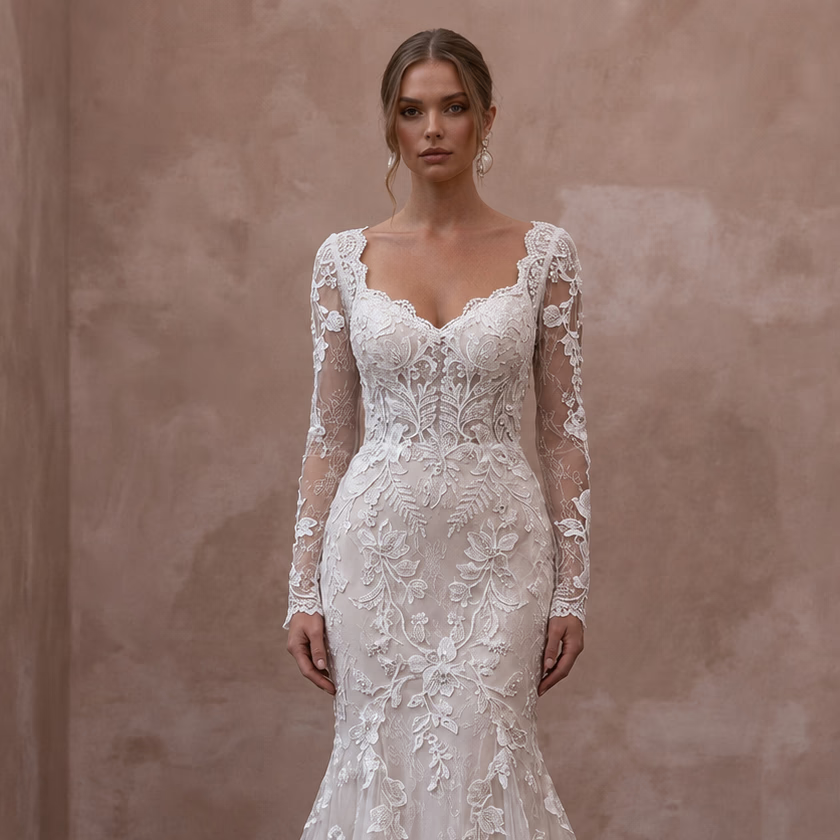 Petite Lace Mermaid Wedding Dress with Long Sleeves