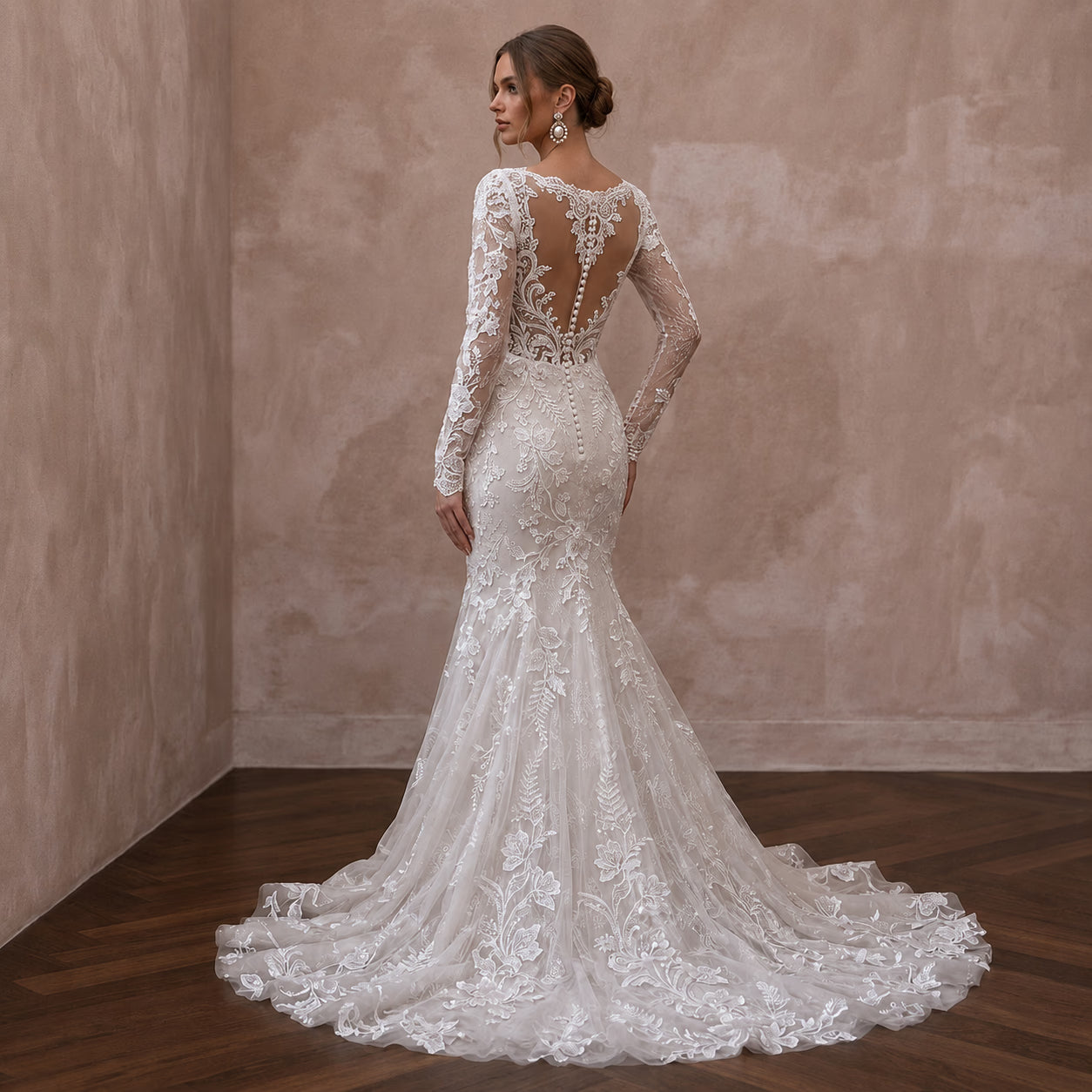 Petite Lace Mermaid Wedding Dress with Long Sleeves