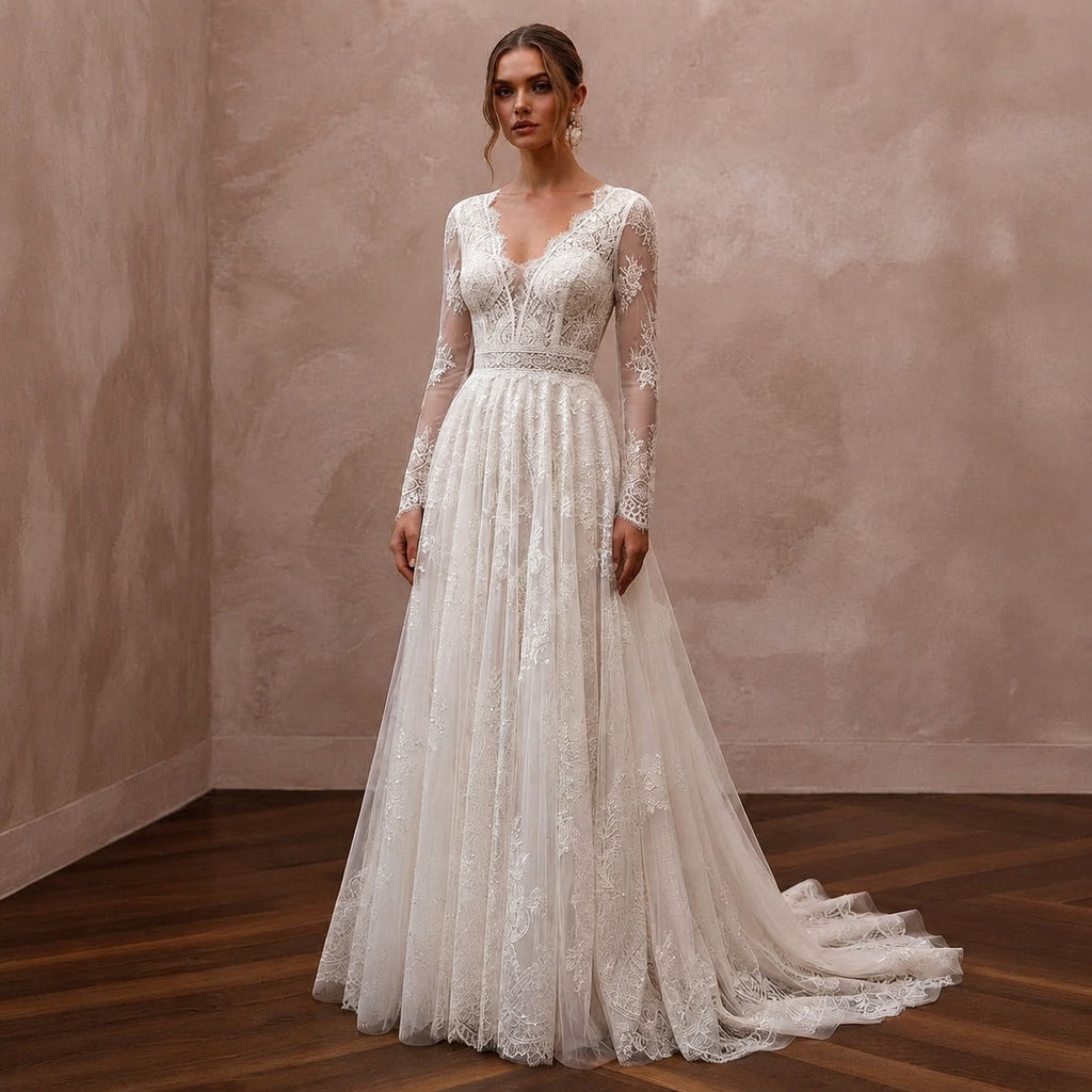 Ivory lace wedding dress with long sleeves, A-line skirt, illusion neckline