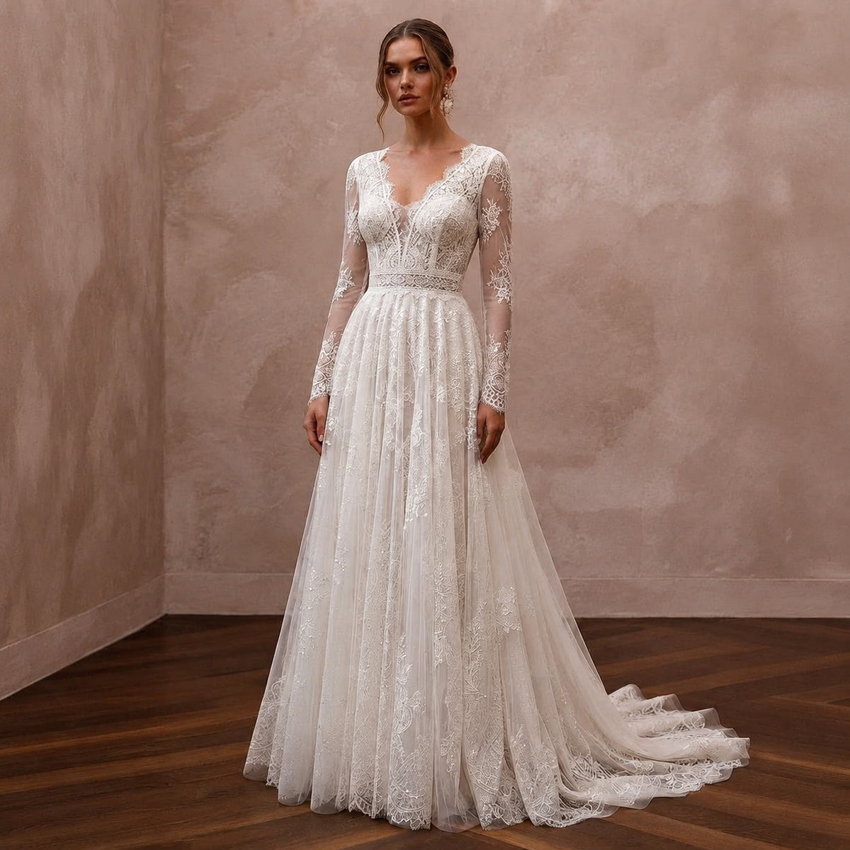 Ivory lace wedding dress with long sleeves, A-line skirt, illusion neckline