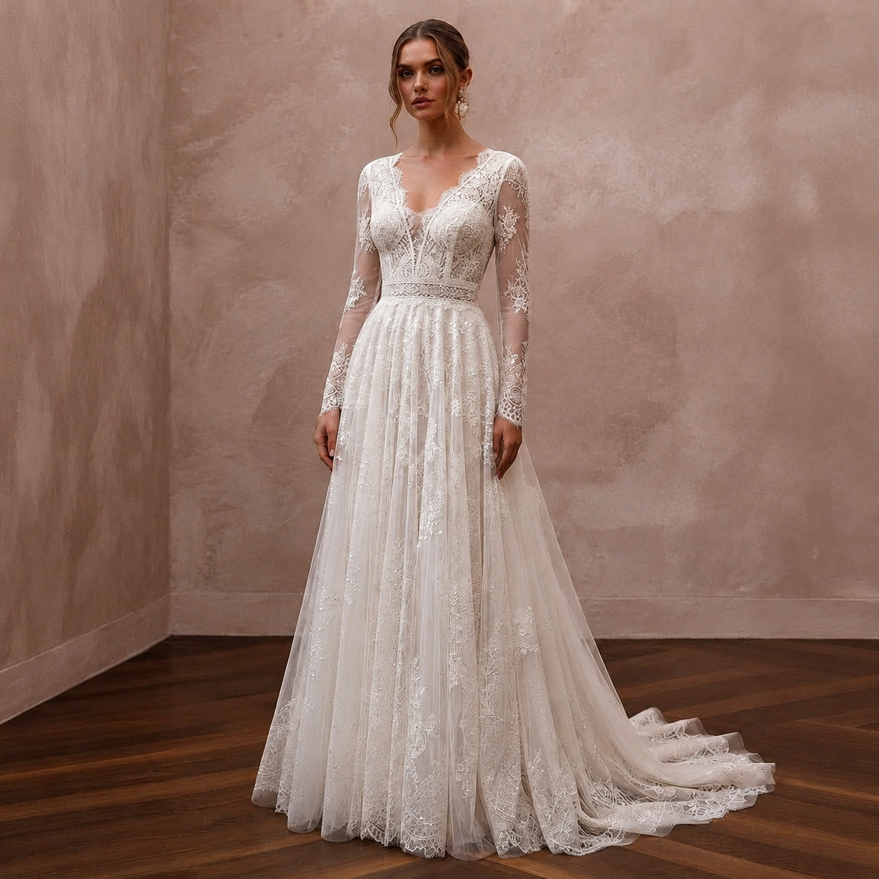 Ivory lace wedding dress with long sleeves, A-line skirt, illusion neckline