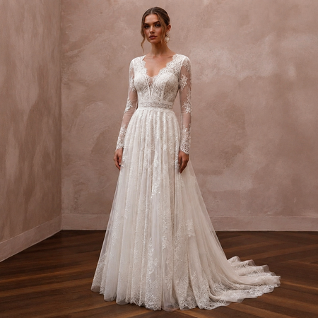 Ivory lace wedding dress with long sleeves, A-line skirt, illusion neckline