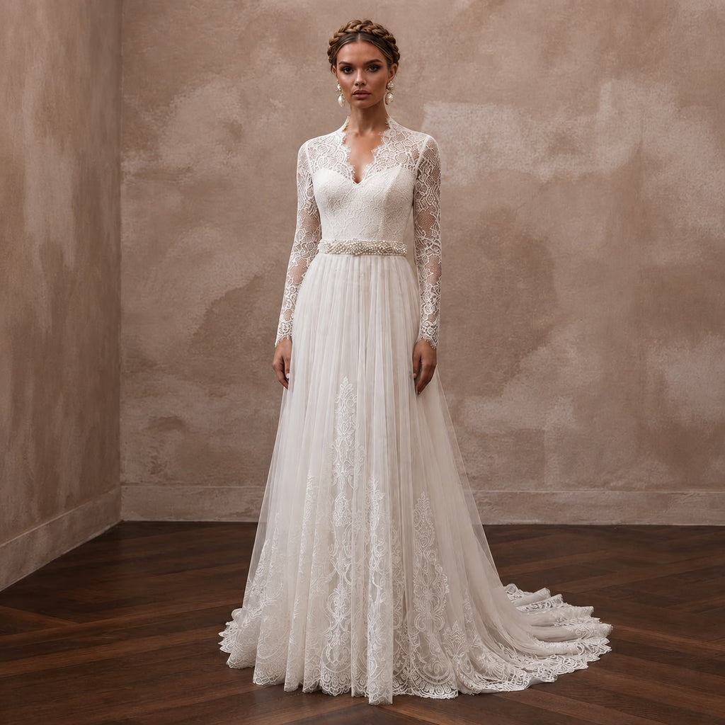 Petite Lace Wedding Dress with Long Sleeves and A-Line Silhouette