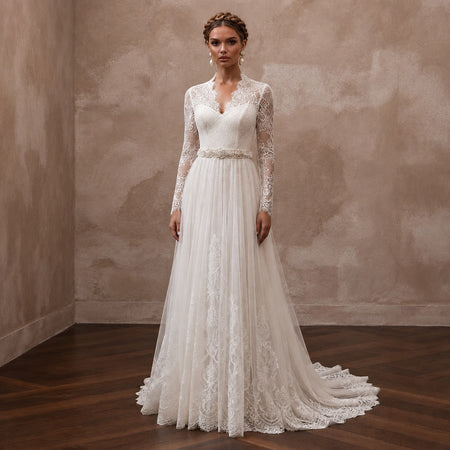 Petite Lace Wedding Dress with Long Sleeves and A-Line Silhouette