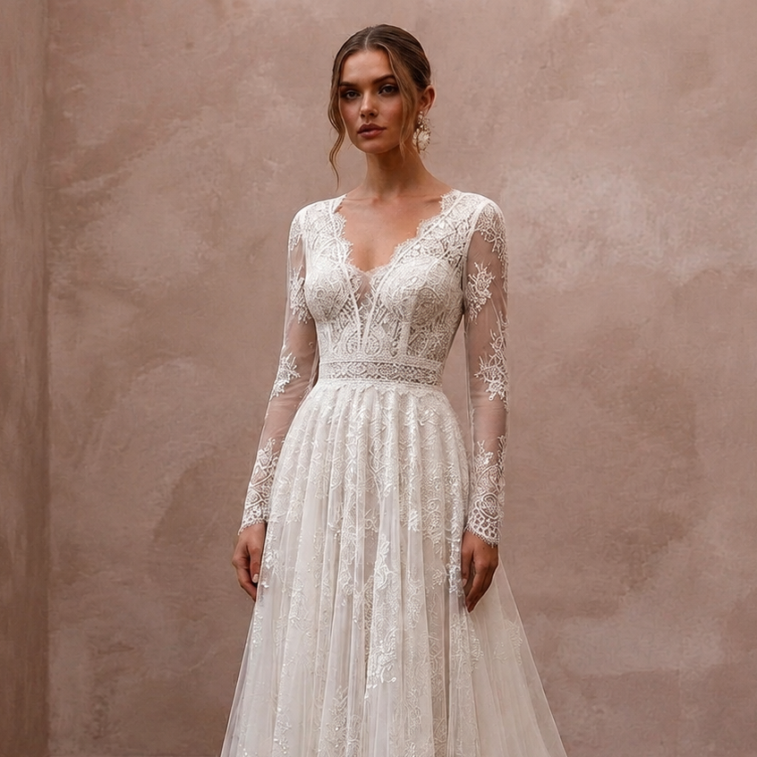 Ivory lace long-sleeve wedding dress with fitted bodice and A-line skirt