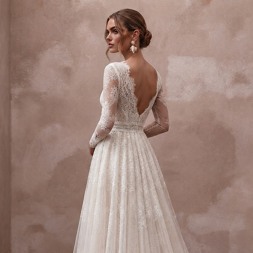 Ivory lace wedding dress with long illusion sleeves and lace back panel, A-line skirt
