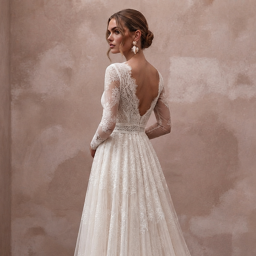 Ivory lace wedding dress with long illusion sleeves and lace back panel, A-line skirt