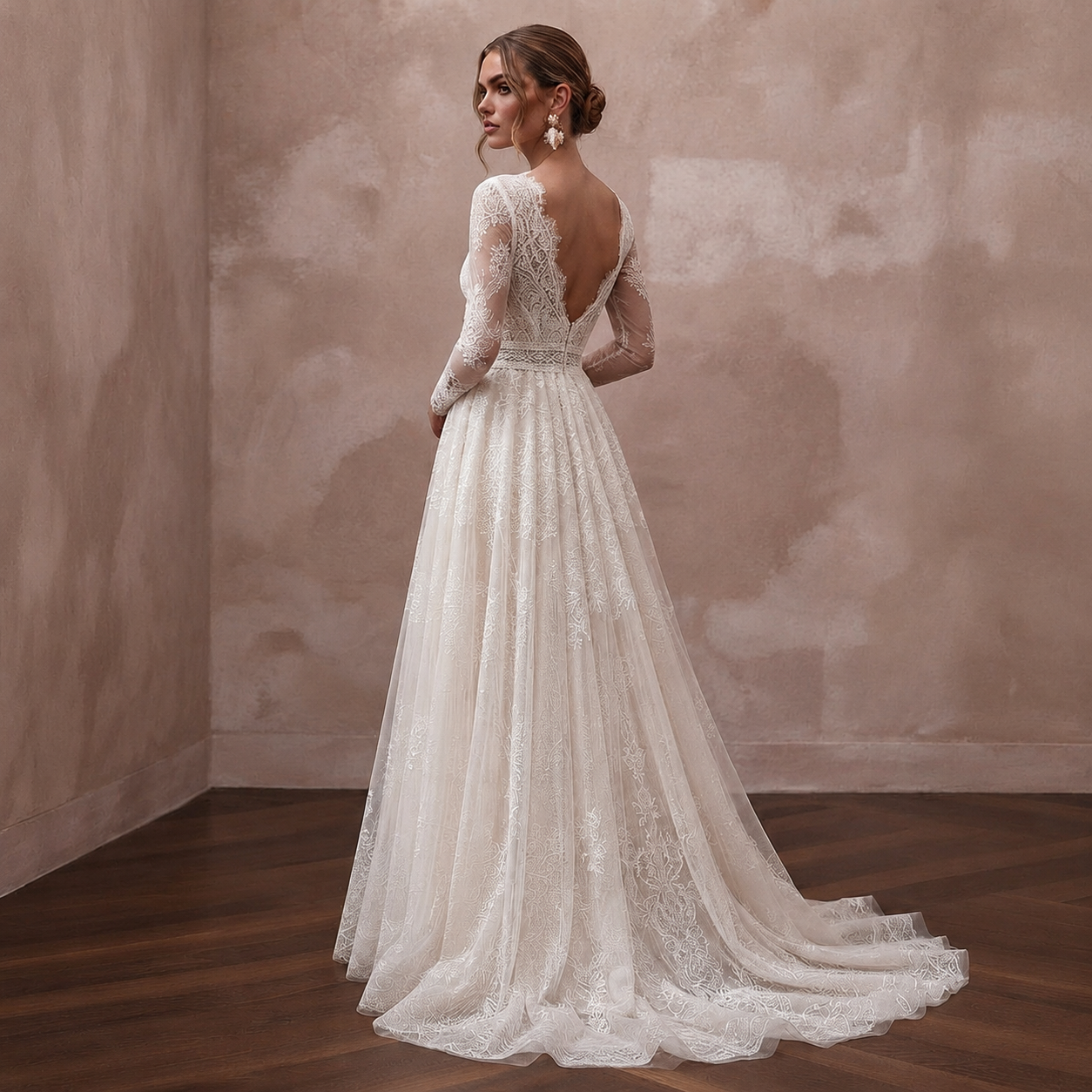 Ivory lace wedding dress with open back, long sleeves, A-line tulle skirt
