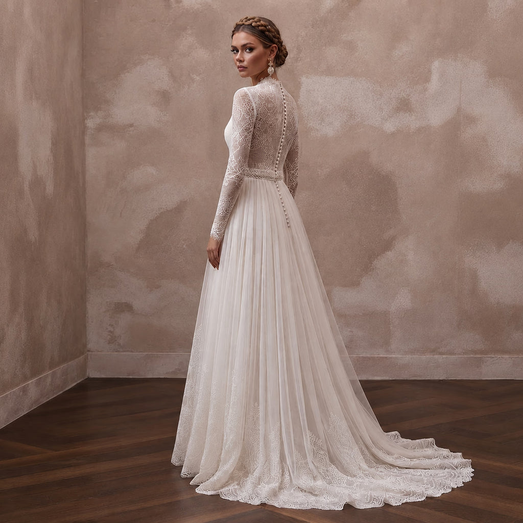 Petite Lace Wedding Dress with Long Sleeves and A-Line Silhouette