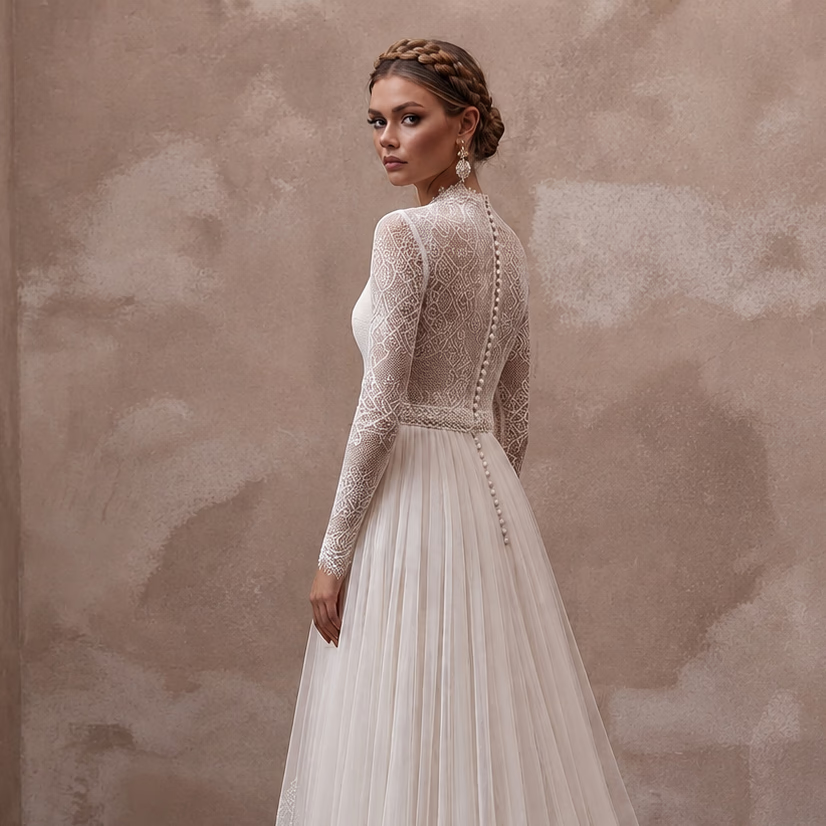 Petite Lace Wedding Dress with Long Sleeves and A-Line Silhouette