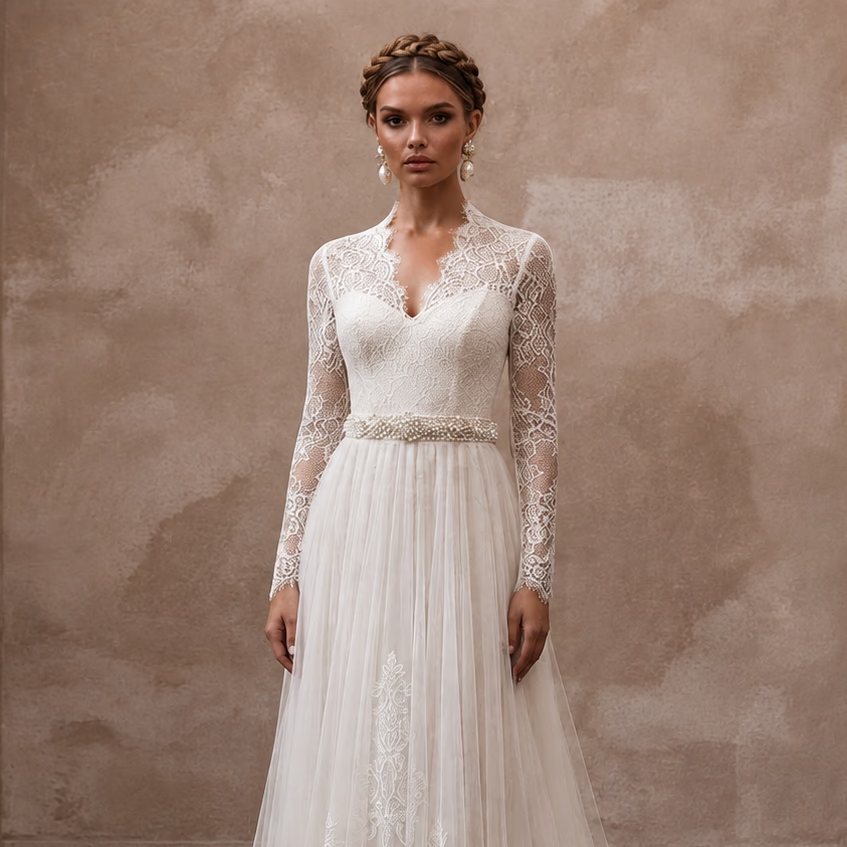 Petite Lace Wedding Dress with Long Sleeves and A-Line Silhouette