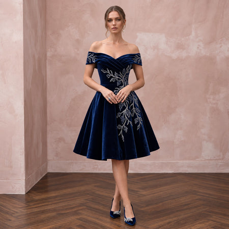 Petite Navy Blue Velvet Off-the-Shoulder Fit-and-Flare Cocktail Dress