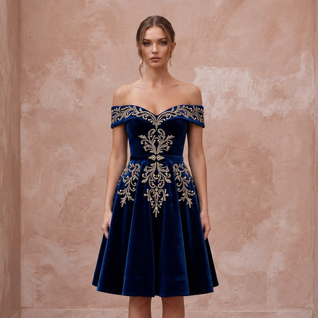 Petite Navy Blue Velvet Off-the-Shoulder Fit-and-Flare Cocktail Dress