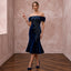 Petite Navy Blue Velvet Off-the-Shoulder Fit-and-Flare Cocktail Dress